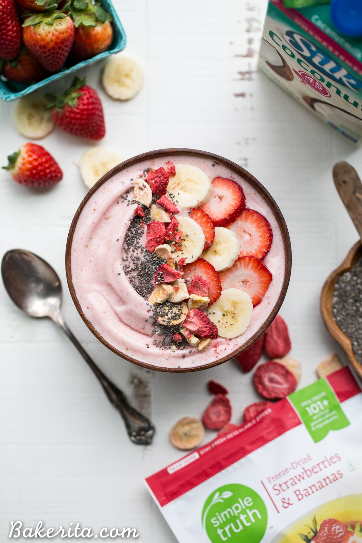 This easy Strawberry Banana Smoothie Bowl is a simple and sweet treat! It's a healthy Paleo + vegan breakfast or snack made with only a few ingredients, and you can add whichever toppings your heart desires to customize to your tastes.