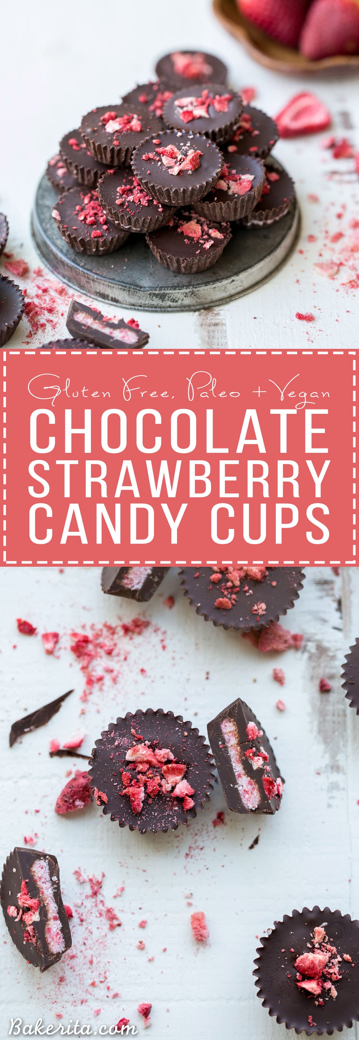 These Chocolate Strawberry Cups have a creamy strawberry + coconut butter filling encased in homemade chocolate! These gluten-free, Paleo + vegan candy cups will satisfy your sweet tooth more healthfully.