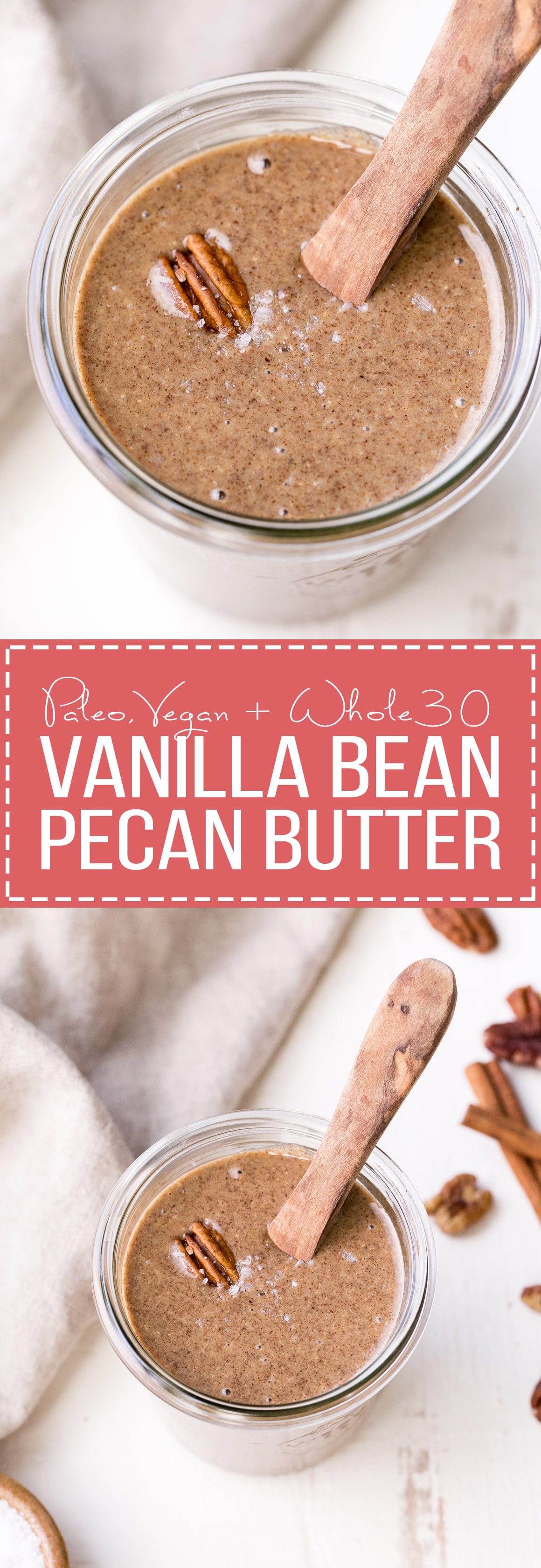 This Vanilla Bean Pecan Butter is incredibly smooth and easy to make. The buttery pecans blend up quickly into a creamy nut butter that you'll want to spread on everything! Cinnamon and vanilla beans complement the pecans wonderfully in this Paleo, vegan, and Whole30-approved snack.