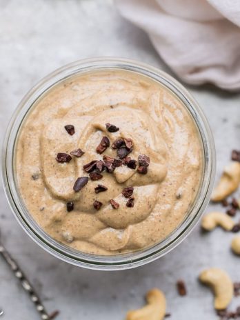 This "Chocolate Chip Cookie Dough" Nut Butter is made from Paleo and vegan-friendly ingredients, but manages to taste like chocolate chip cookie dough in spreadable, nut butter form. You won't be able to stop eating it by the spoonful!