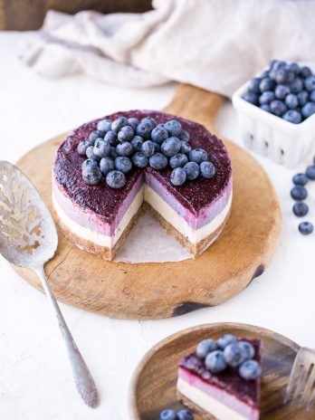 This No-Bake Layered Blueberry Cheesecake is a beautiful and easy-to-make Paleo-friendly + vegan cheesecake made with soaked cashews! The cheesecake layers are lusciously smooth and creamy with a tart, fruity topping.
