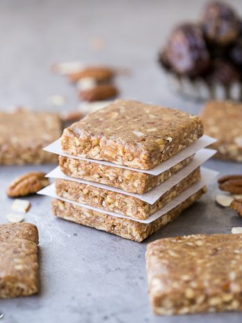 These Pecan Pie Protein Bars are chewy, filling, and taste like pecan pie - only five ingredients needed! These collagen-packed protein bars require no baking and they're gluten-free, Paleo, and Whole30-approved.