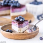 This No-Bake Layered Blueberry Cheesecake is a beautiful and easy-to-make Paleo-friendly + vegan cheesecake made with soaked cashews! The cheesecake layers are lusciously smooth and creamy with a tart, fruity topping.