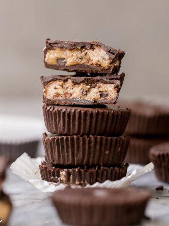 These Chocolate Chip Cookie Dough Cups are an easy way to satisfy your cookie dough craving in a healthy + delicious way! These easy, no-bake cups are gluten-free, Paleo, and vegan.