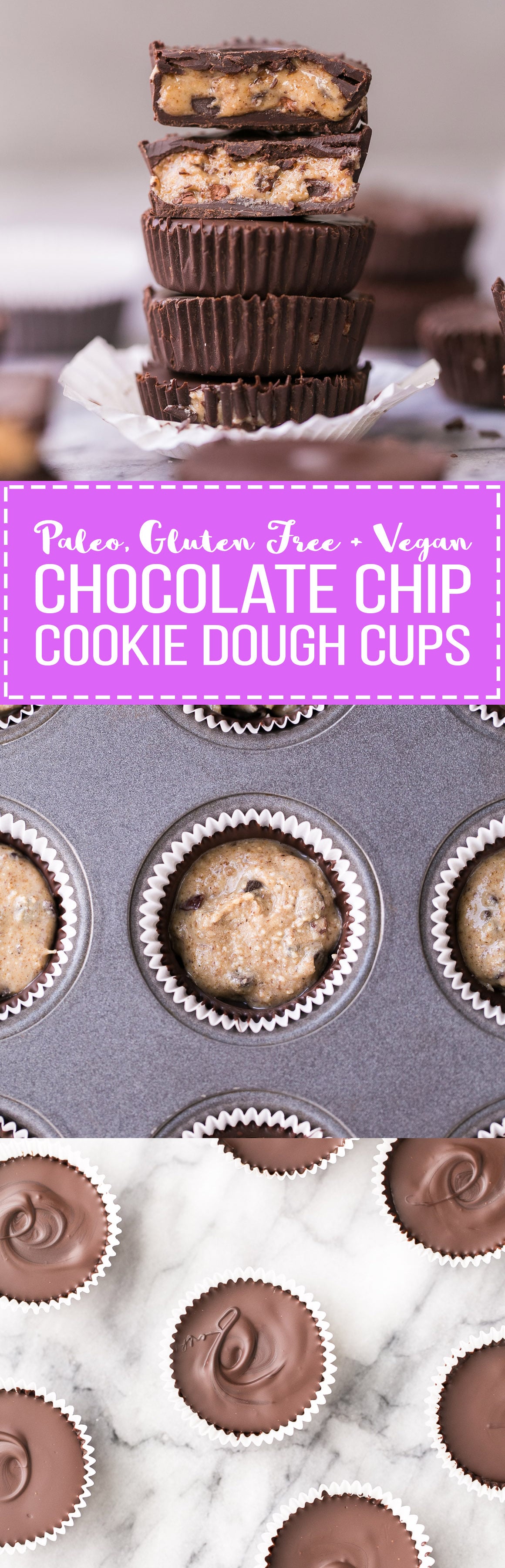 These Chocolate Chip Cookie Dough Cups are an easy way to satisfy your cookie dough craving in a healthy + delicious way! These easy, no-bake cups are gluten-free, Paleo, and vegan.