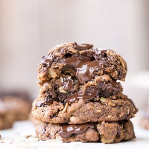 These Oatmeal Chocolate Chip Cookies are gooey in the center with crispy edges and big chocolate chunks, just as the best cookies are! These delicious cookies are gluten-free, refined sugar free, and vegan.