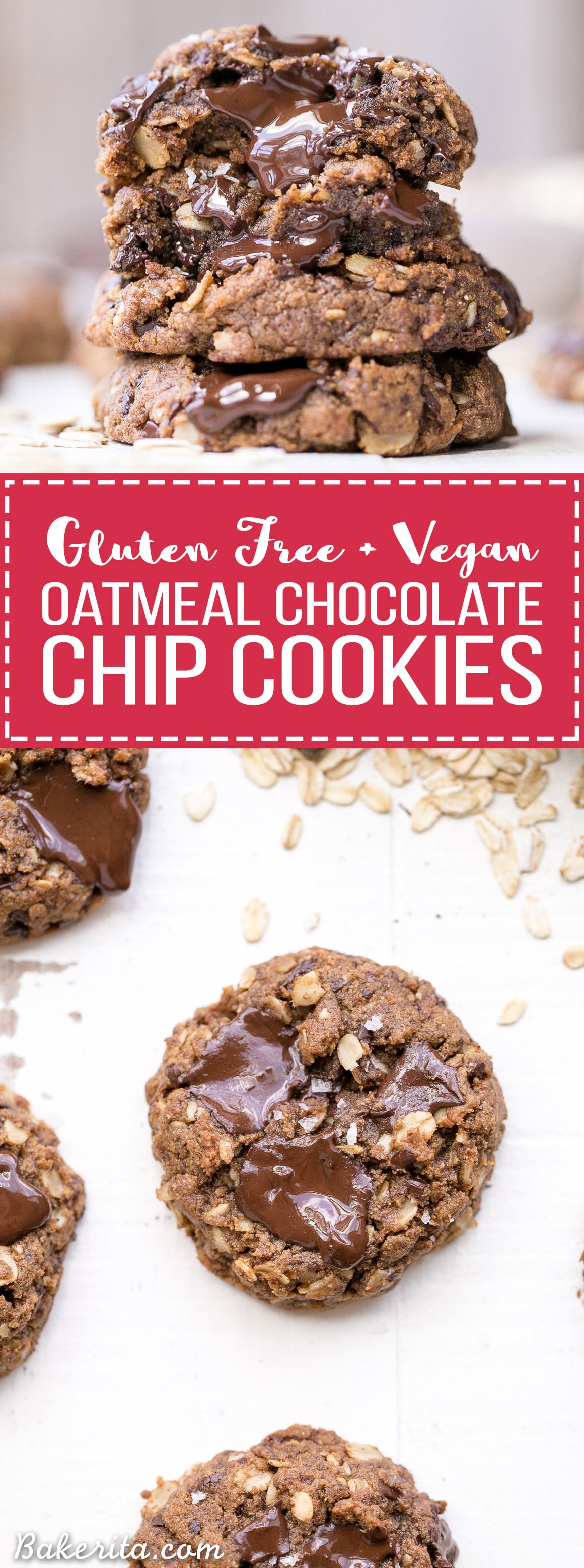 These Oatmeal Chocolate Chip Cookies are gooey in the center with crispy edges and big chocolate chunks, just as the best cookies are! These delicious cookies are gluten-free, refined sugar free, and vegan. 
