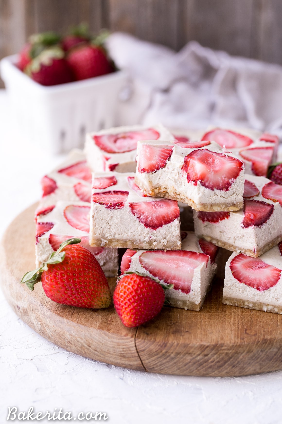 No-Bake Strawberry Shortcake Bars are incredibly creamy from the cashew base and taste just like strawberry shortcake! No baking necessary to make these gluten-free, Paleo, and vegan bars.