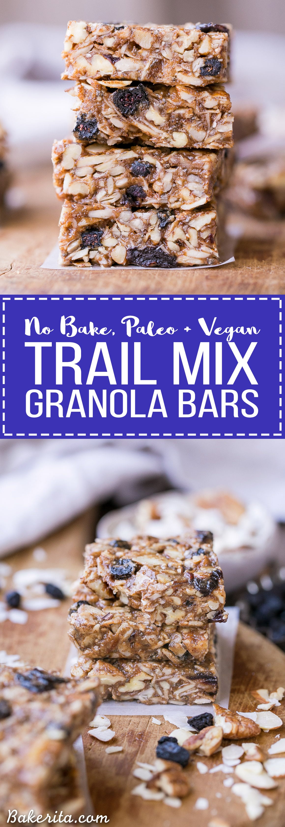 These No-Bake Trail Mix Granola Bars are loaded with nuts, coconut, and dried fruit for a filling and delicious snack that will fill you up and satisfy your tastebuds! These Paleo + vegan granola bars are the perfect thing to keep on hand for when hunger hits.