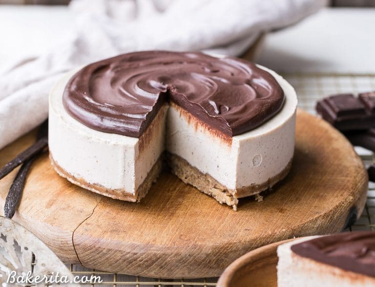 This No-Bake Vanilla Bean Cheesecake with Chocolate Ganache is a gluten-free, Paleo and vegan cheesecake made with a walnut crust, a creamy cashew cheesecake filling, topped with a luscious chocolate ganache. This healthier cheesecake alternative will satisfy your cheesecake cravings!