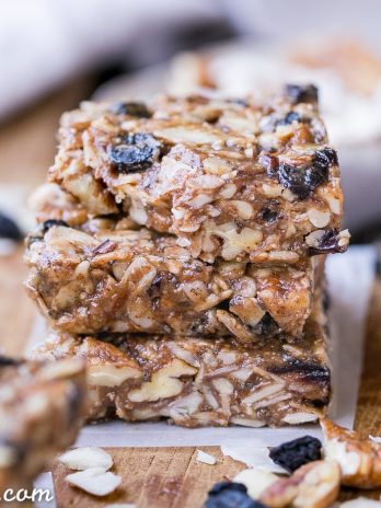 These No-Bake Trail Mix Granola Bars are loaded with nuts, coconut, and dried fruit for a filling and delicious snack that will fill you up and satisfy your tastebuds! These Paleo + vegan granola bars are the perfect thing to keep on hand for when hunger hits.