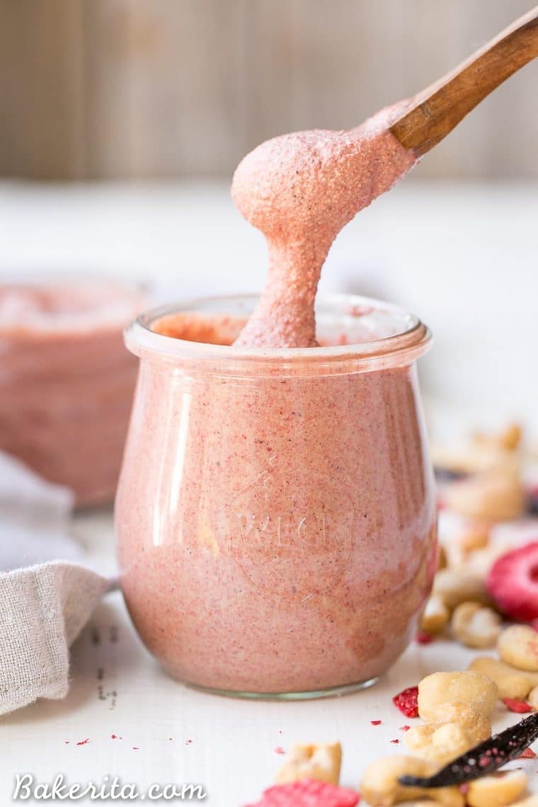 If you're a homemade nut butter fan, you must try this irresistible Strawberry Cashew Butter! Flavored with freeze dried strawberries and vanilla bean, this Paleo, vegan, sugar free + Whole30-friendly treat will be a new favorite.