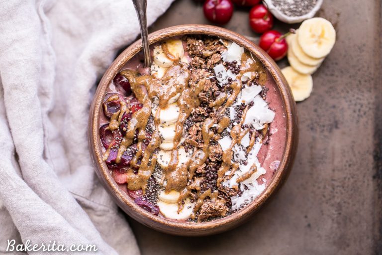 This Banana Cherry Smoothie Bowl is a healthy and delicious breakfast treat! It's refreshing, filling, and loaded with beautifying superfoods. Add all your favorite toppings for a treat suited just to your tastes.