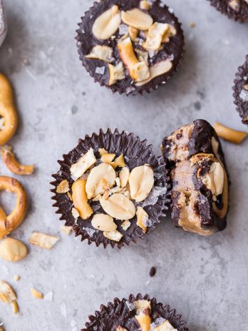 These Chocolate Peanut Butter Pretzel Cups are inspired by the Take 5 candy bar, but made with way more wholesome ingredients! These gluten-free, refined sugar-free and vegan candy cups are filled with peanut butter caramel, with pretzels and peanuts for crunch.