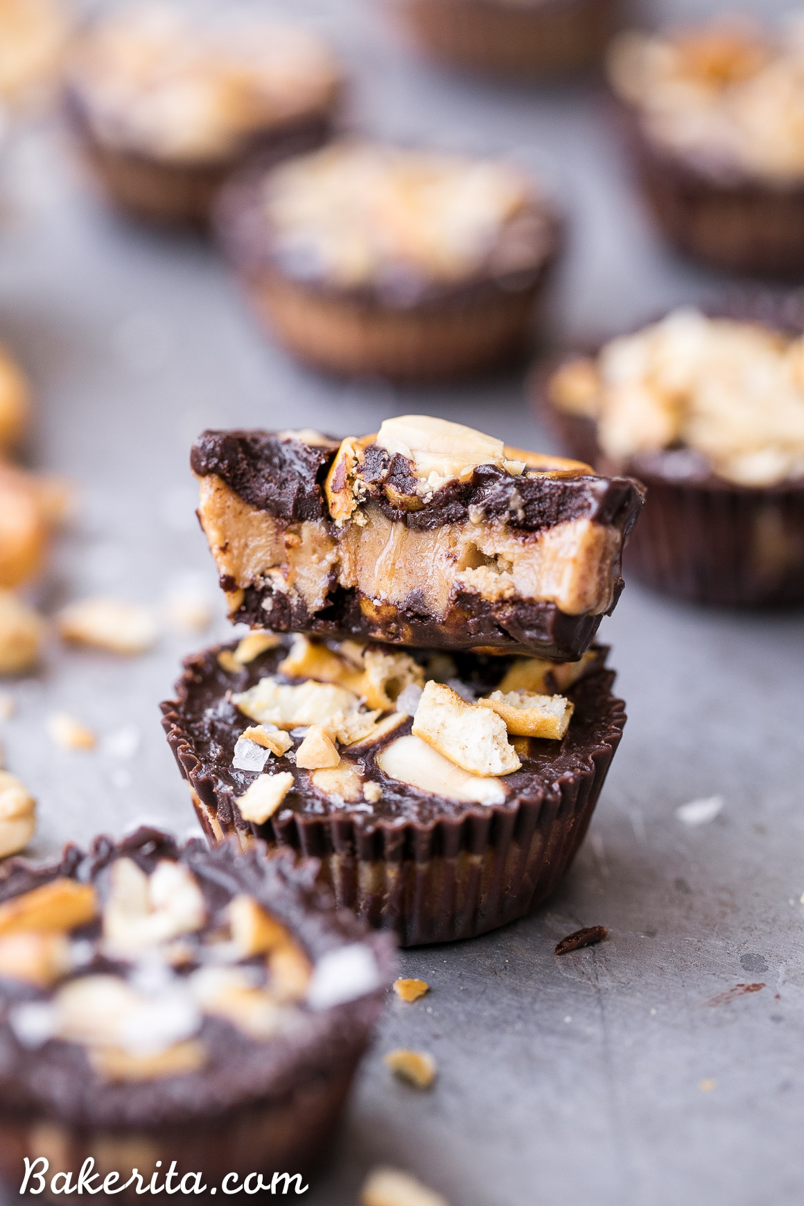 These Chocolate Pretzel Peanut Butter Cups are inspired by the Take 5 candy bar, but made with way more wholesome ingredients! These gluten-free, refined sugar-free and vegan candy cups are filled with peanut butter caramel, with pretzels and peanuts for crunch.