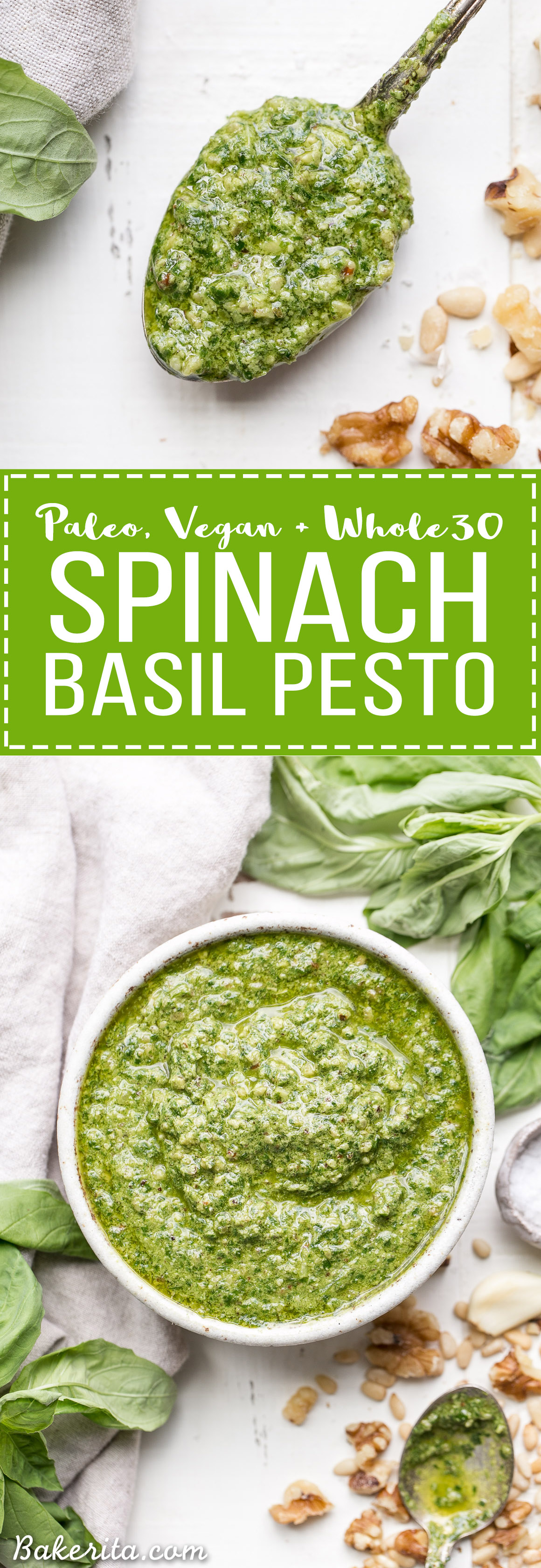 This Spinach Basil Pesto is loaded with bright herby flavor and made in just a few minutes. You won't miss the cheese in this paleo, vegan, Whole30-friendly & keto pesto. It will make any meal more flavorful, whether it's tossed with pasta, enjoyed with your favorite protein, or used as a spread.
