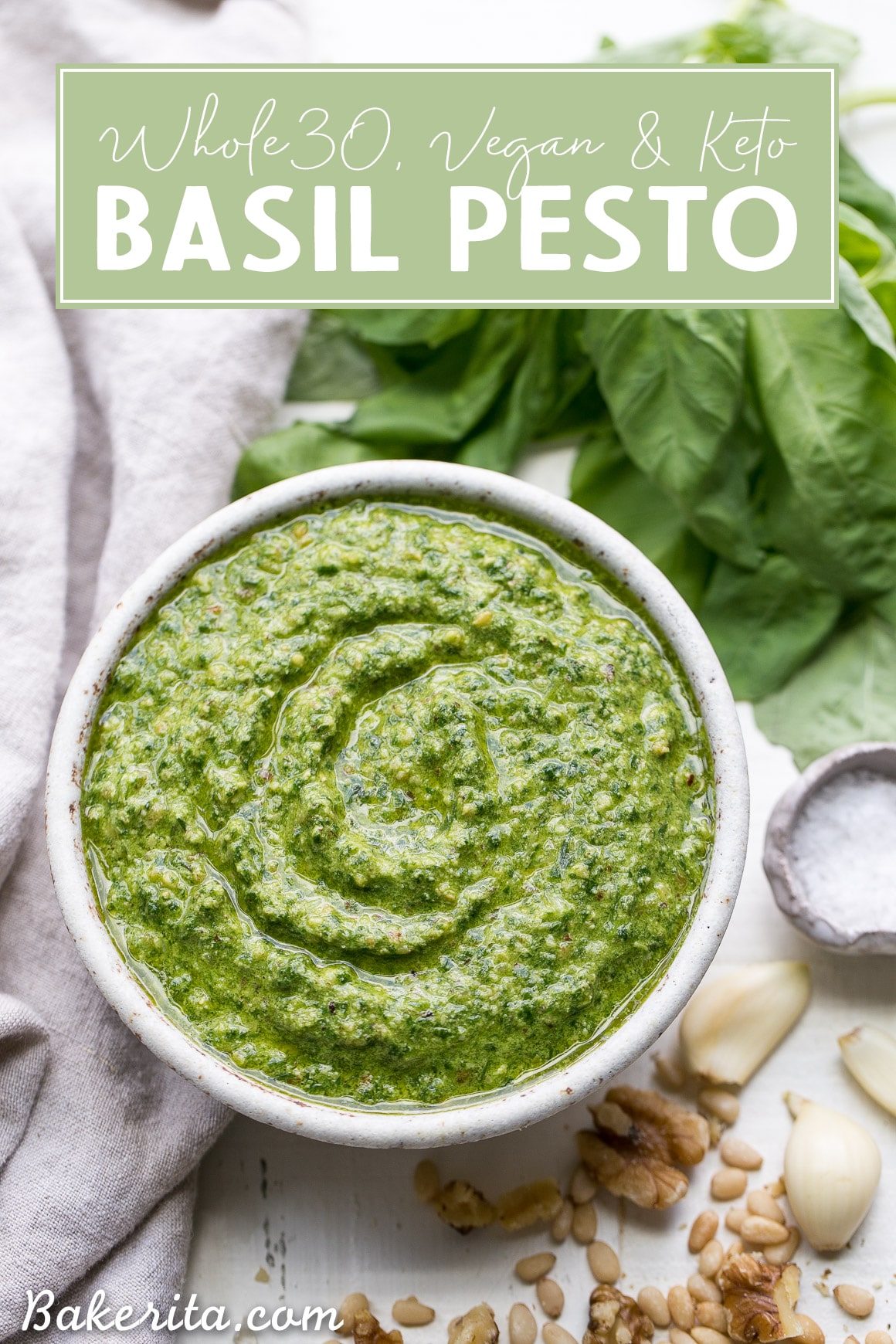 This Spinach Basil Pesto is loaded with bright herby flavor and made in just a few minutes. You won't miss the cheese in this paleo, vegan, keto + Whole30-friendly pesto. It will make any meal more flavorful, whether it's tossed with pasta, enjoyed with your favorite protein, or used as a spread.