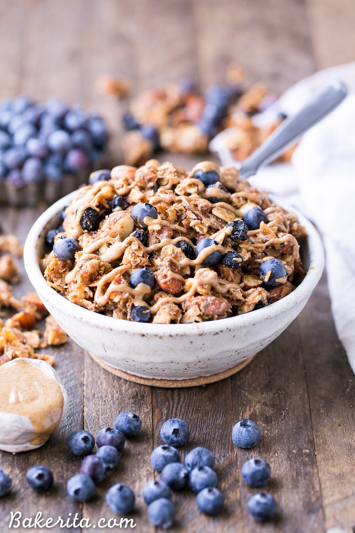 This Blueberry Almond Butter Grain-Free Granola is an easy and satisfying gluten-free, vegan and paleo granola recipe that makes the perfect breakfast or snack. It's made with simple, wholesome ingredients and is loaded with filling nuts and healthy fats to keep you satisfied.