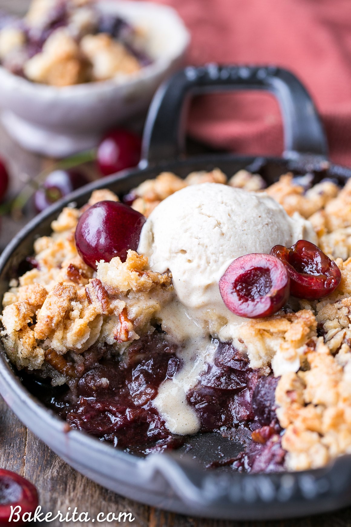 This Cherry Crisp has an irresistible grain-free crumble topping that will have your spoon diving in for more! It's a gluten-free, paleo, and vegan dessert that can be enjoyed all year round.