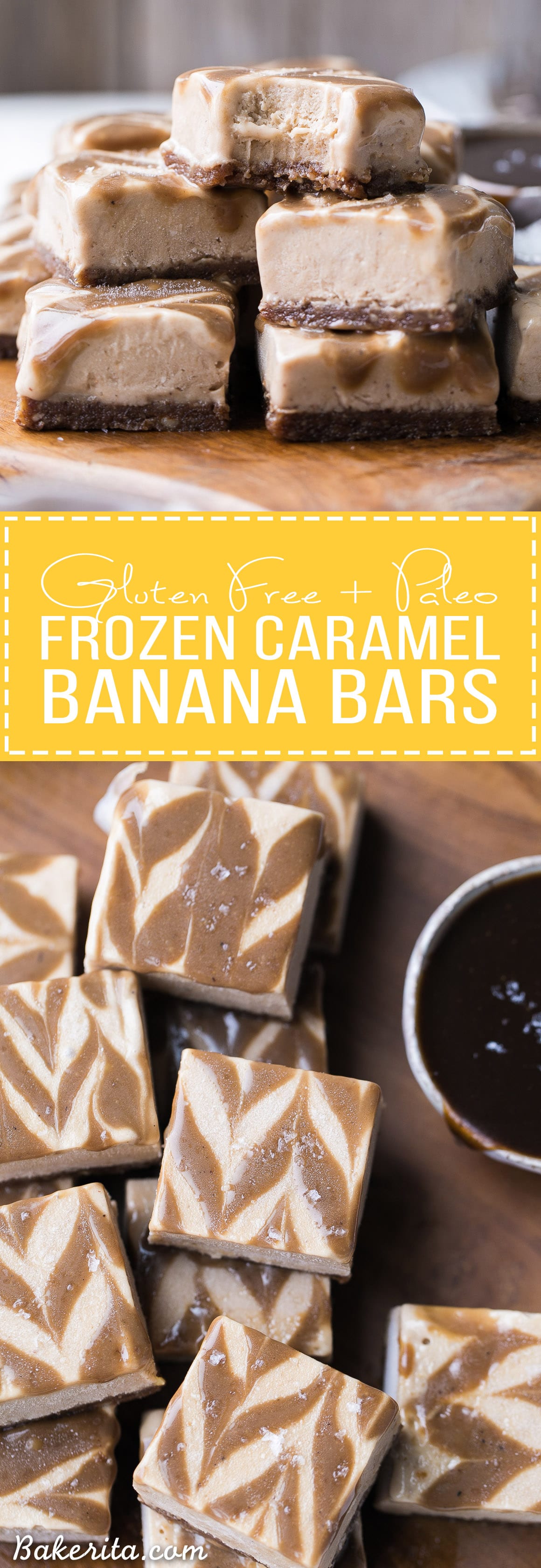 These Frozen Caramel Banana Bars are easy to make in a blender or food processor, and they're super creamy and refreshing. These gluten-free and paleo bars have a chewy pecan-date crust, topped with banana nice cream and a caramel swirl.