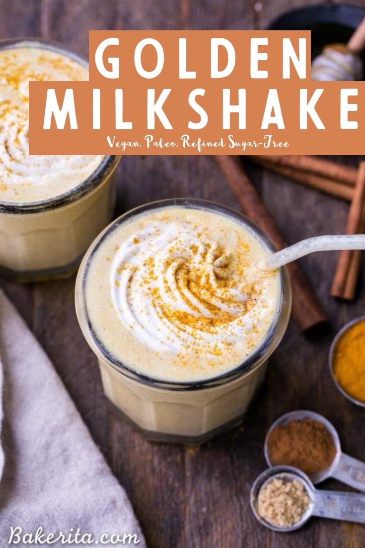 Golden Milkshakes are smooth, creamy, and refreshing, and they're loaded with anti-inflammatory turmeric and other health-boosting spices. This easy drink recipe is one you'll love sipping on hot days! #goldenmilk #turmeric #milkshake #vegan #paleo #drink #sugarfree #beverages