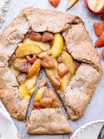 This Peach Raspberry Galette highlights two of summer's best fruits. The fresh peaches and raspberries are tucked into the flakiest paleo and vegan pie crust I've ever had!