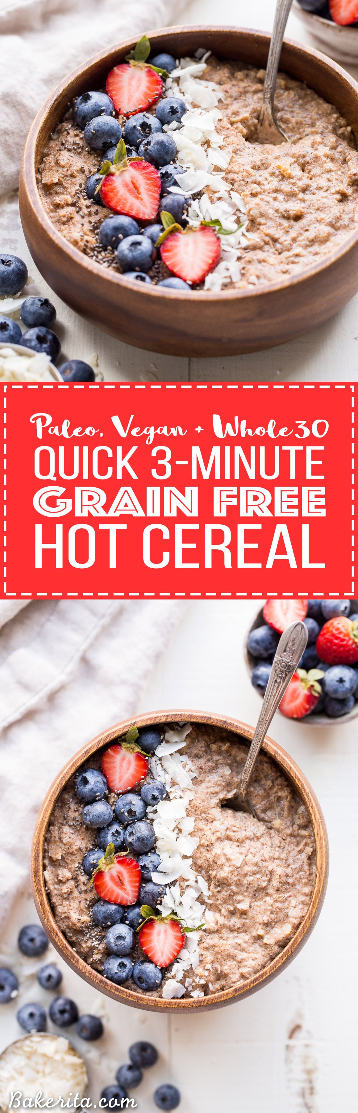 Not eating grains but missing your morning oatmeal? Look no further than this Quick Grain-Free Hot Cereal! This super easy porridge is made in just 3 minutes and it's gluten-free, paleo, vegan, and Whole30-friendly. This is a staple Whole30 breakfast!