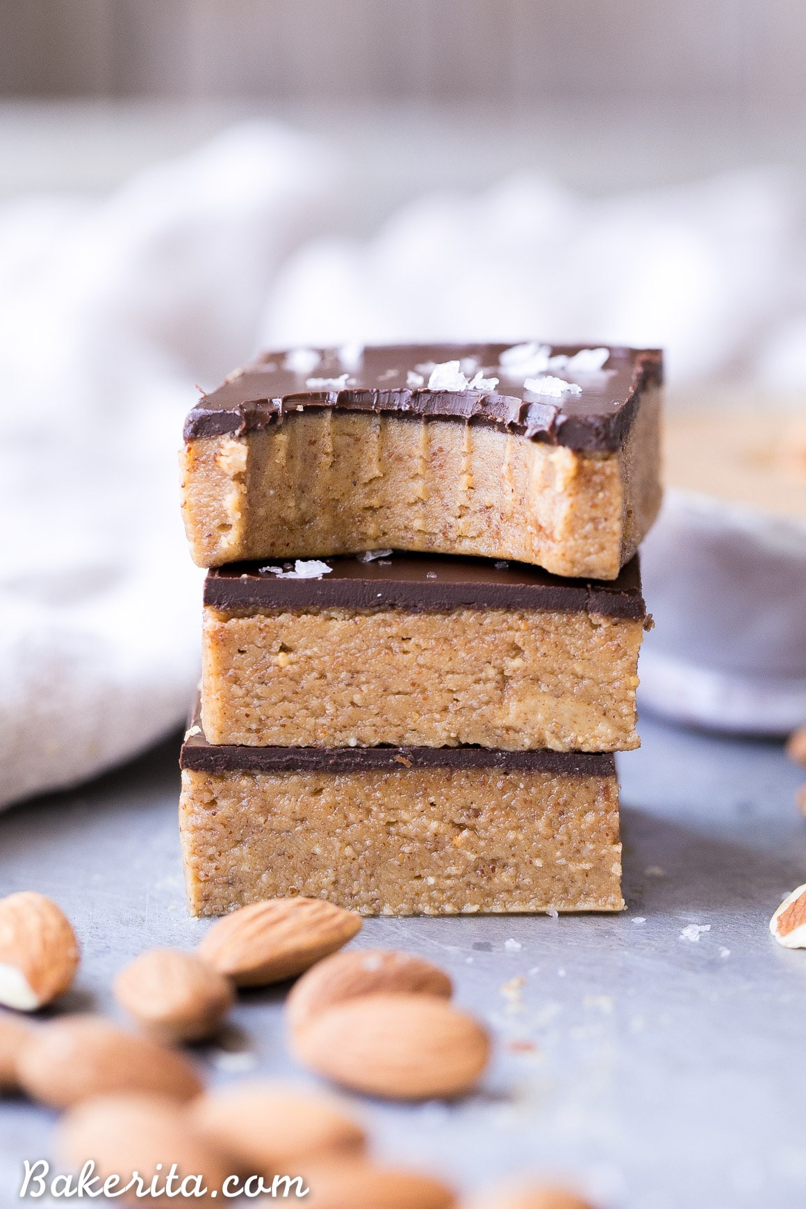 These No Bake Chocolate Almond Butter Bars are easy to make with just five ingredients and no baking necessary! You've got to sink your teeth into these rich gluten free, paleo and vegan bars.
