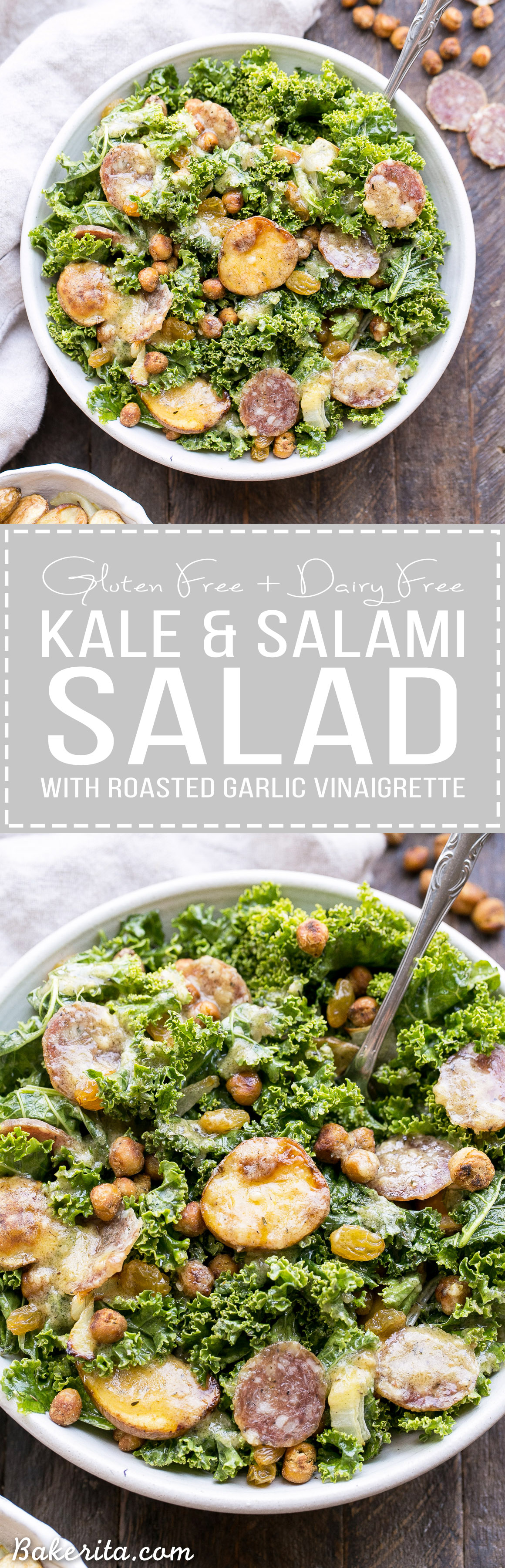 This Kale & Salami Salad with Roasted Garlic Vinaigrette is loaded with roasted fingerling potatoes, crispy toasted chickpeas, golden raisins, and caramelized onions! This filling salad makes the perfect lunch or dinner. It's gluten free and dairy free, with a Paleo option.
