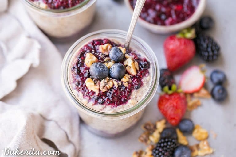 These Superfood Overnight Oats with Easy Berry Chia Jam are the perfect filling breakfast, loaded with superfoods to give your day a kickstart. This gluten-free, refined sugar-free and vegan recipe can be prepped in a just few minutes for a delicious grab-and-go breakfast.