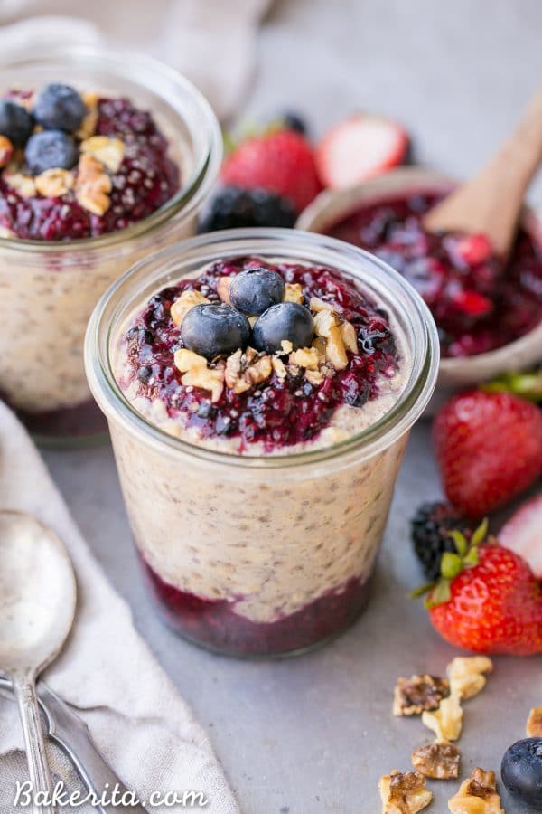 Superfood Overnight Oats with Easy Berry Chia Jam • Bakerita