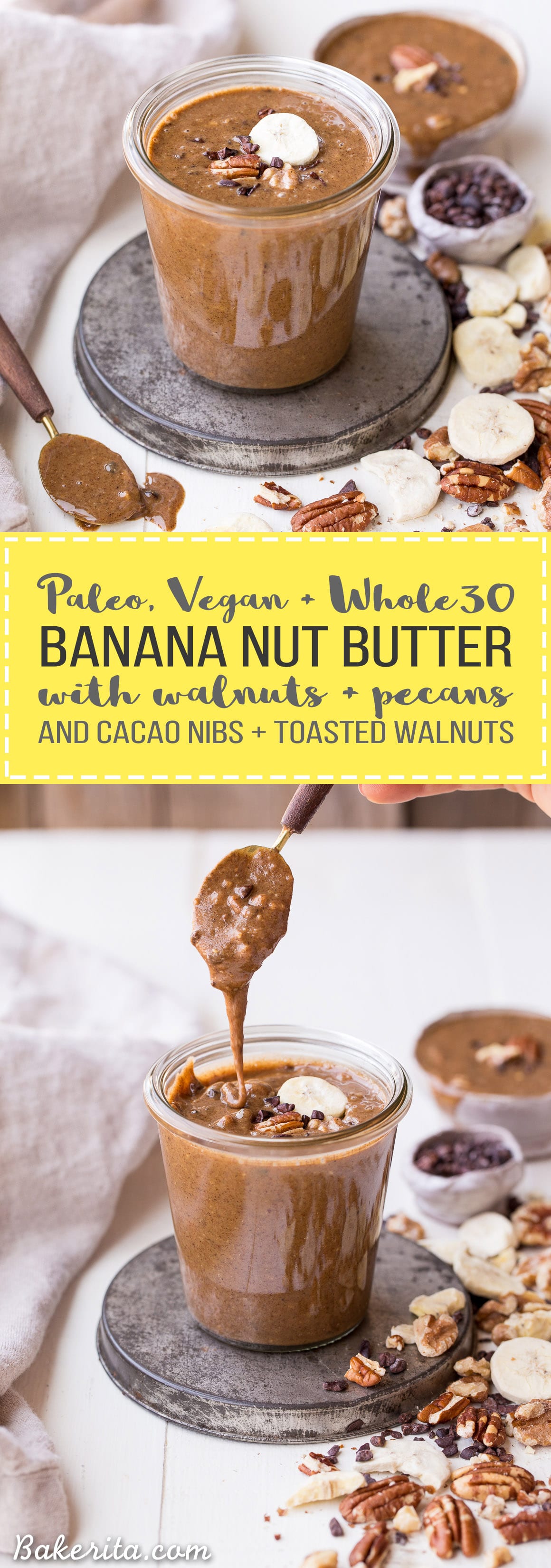 This Banana Nut Butter with Cacao Nibs is a sweet spreadable treat made with pecans and walnuts, and crunchy cacao nibs in every bite! This sugar-free nut butter is paleo, vegan, and Whole30-friendly - you'll want to spread it on everything.