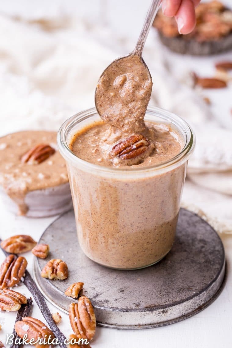 This Butter Pecan Nut Butter is smooth and creamy, with crunchy pecan bits stirred in and all the butter pecan flavor you love! This simple-to-make spread is perfect on oatmeal, fruit, toast, or just eaten with a spoon. It’s gluten free, sugar free, paleo, and Whole30-approved.