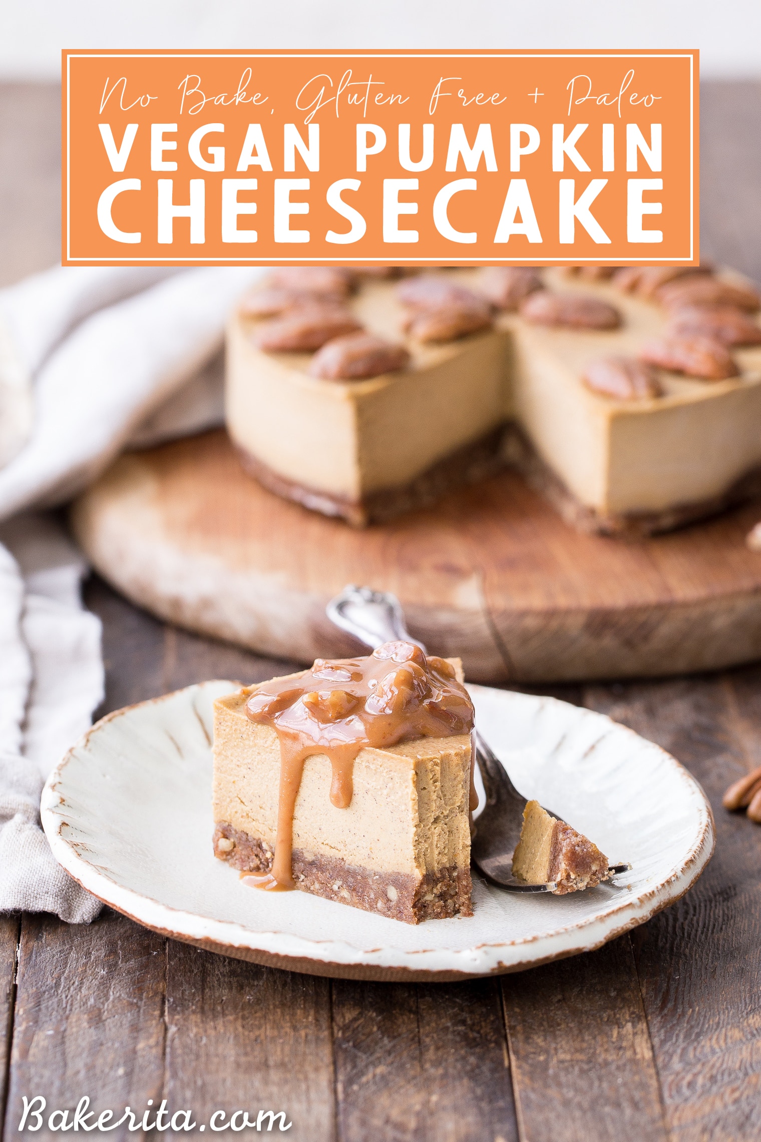You'll love this super creamy No-Bake Vegan Pumpkin Cheesecake! It has a pecan crust and a spiced pumpkin cheesecake filling that's made with soaked cashews. This healthier pumpkin cheesecake is gluten-free, dairy-free, paleo + vegan, and absolutely perfect for the holidays.