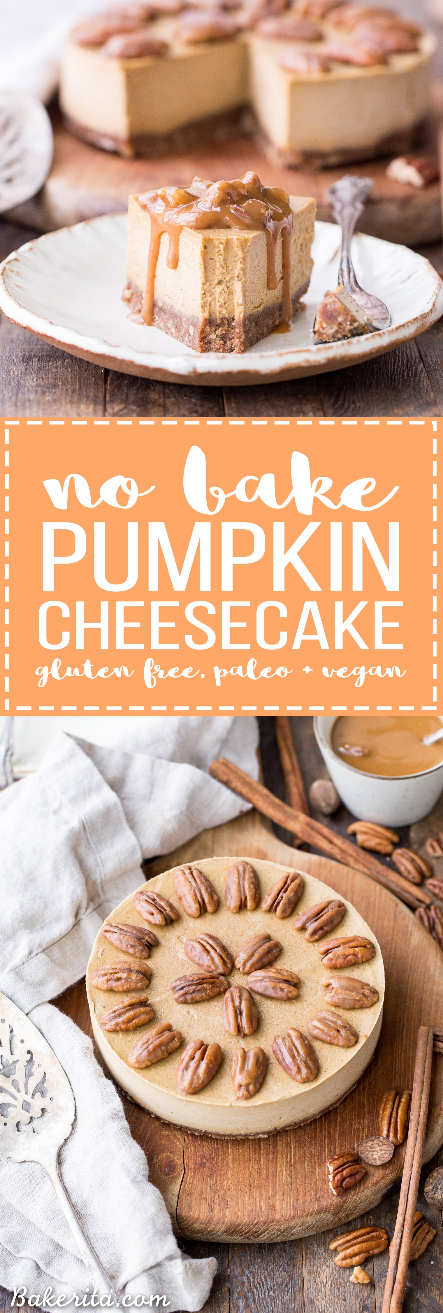 You'll love this super creamy No-Bake Vegan Pumpkin Cheesecake! It has a pecan crust and a spiced pumpkin cheesecake filling that's made with soaked cashews. This healthier pumpkin cheesecake is gluten-free, dairy-free, paleo + vegan, and absolutely perfect for the holidays.