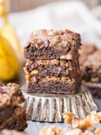 These Chocolate Chunk Banana Nut Blondies are a super chewy blondie, flavored with fresh bananas and studded with crunchy walnuts and dark chocolate chunks. You'd never guess that they're gluten-free, paleo and vegan.