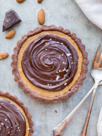This No Bake Chocolate Almond Butter Tart tastes like a giant almond butter cup! There's no baking required and it's gluten-free, paleo, and vegan. You'll adore this melt in your mouth tart.