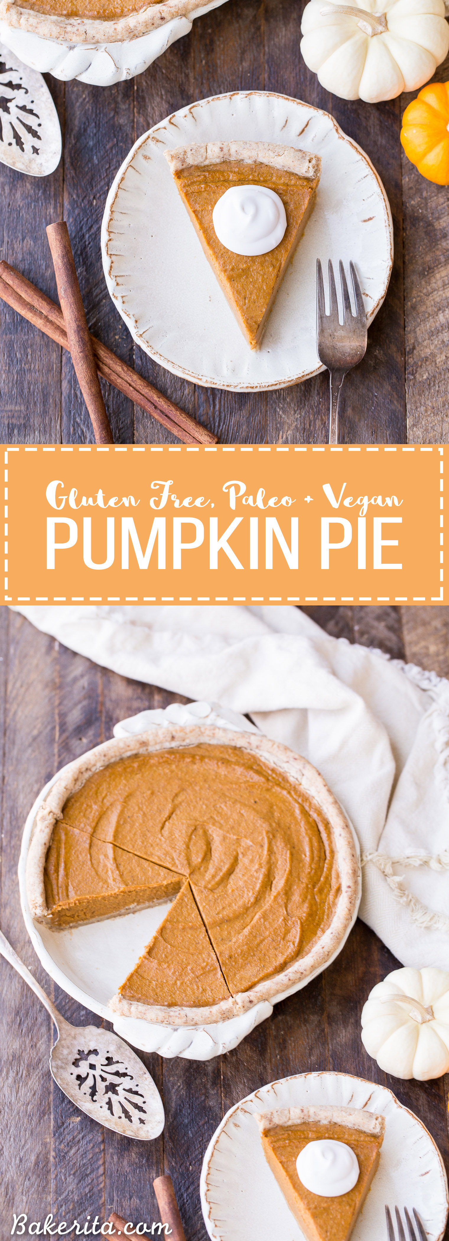 This Paleo + Vegan Pumpkin Pie is smooth, creamy, and perfectly spiced, with a flaky crust that you'd never believe is gluten-free, paleo AND vegan. This is allergy-friendly pie will be a holiday dessert staple.
