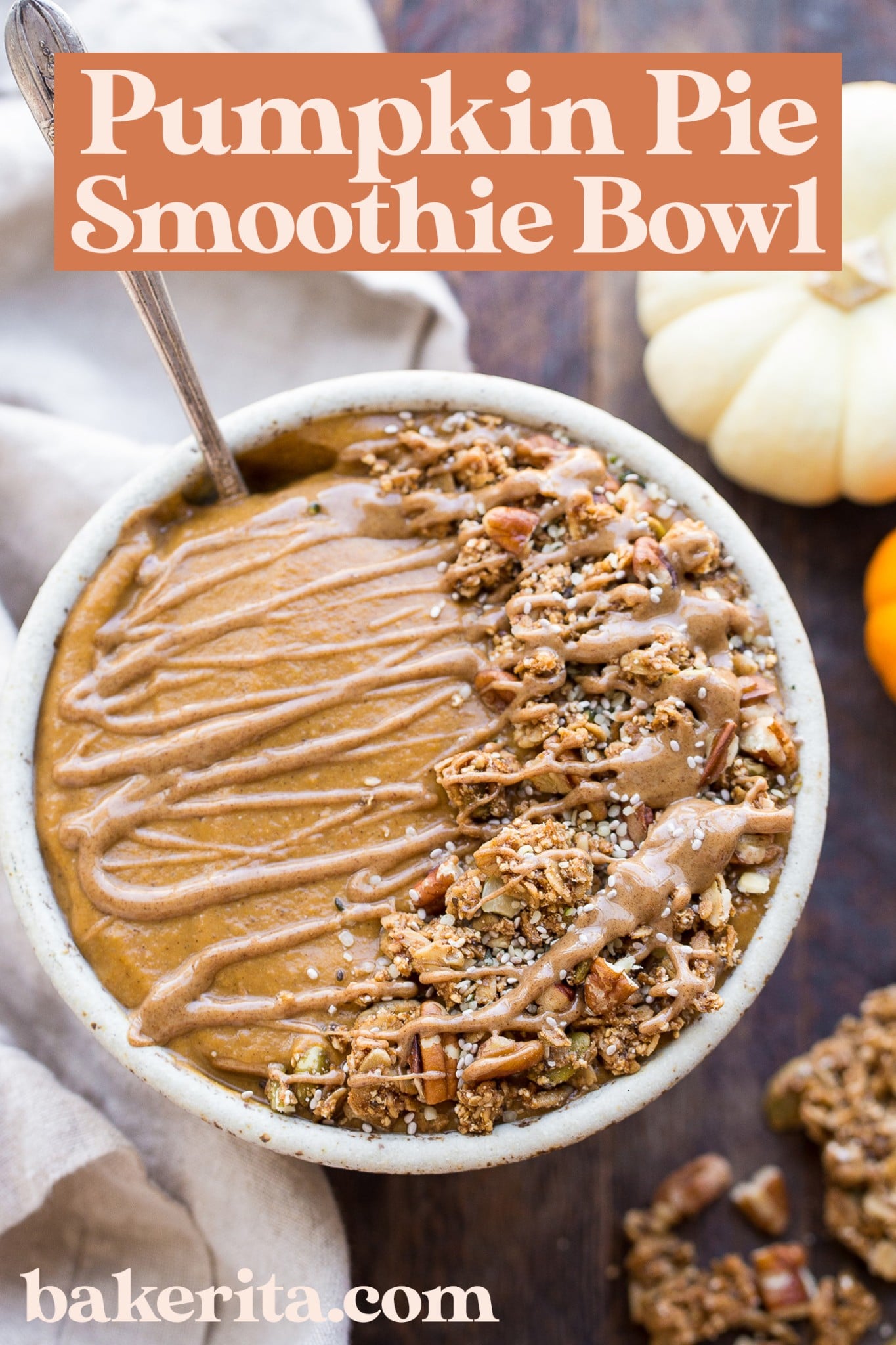 This Pumpkin Pie Smoothie Bowl tastes like a smoothie version of pumpkin pie filling! It's loaded with veggies for a filling, nutrient-dense breakfast that's bursting with fall spices. It's gluten-free, paleo, vegan and Whole30.