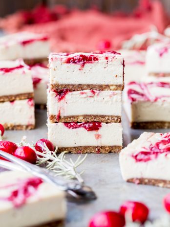 These Vanilla Bean Cranberry Swirl Bars are made with cashews for a smooth and creamy "cheesecake" that's completely paleo, dairy free, vegan, and gluten free! You can use leftover cranberry sauce for the tart cranberry swirl.