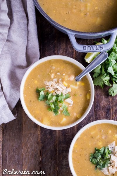 This Vegan White Bean Chili is so hearty and filling, even the carnivores will be asking for more! This creamy chili is gluten-free and dairy-free, and it's loaded with green chiles, potatoes, corn, white beans, and just the right amount of kick.