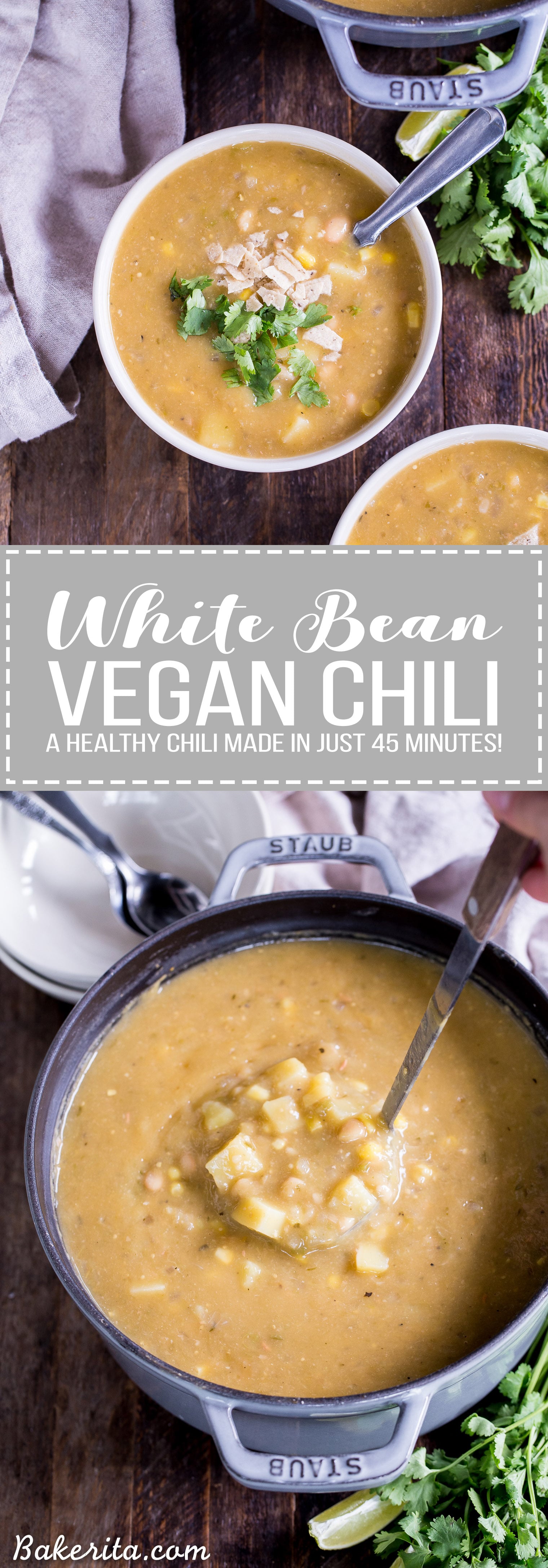 This healthy Vegan White Bean Chili is so hearty and filling, even the carnivores will be asking for more! This creamy chili is gluten-free and dairy-free, and it's loaded with green chiles, potatoes, corn, white beans, and just the right amount of kick.