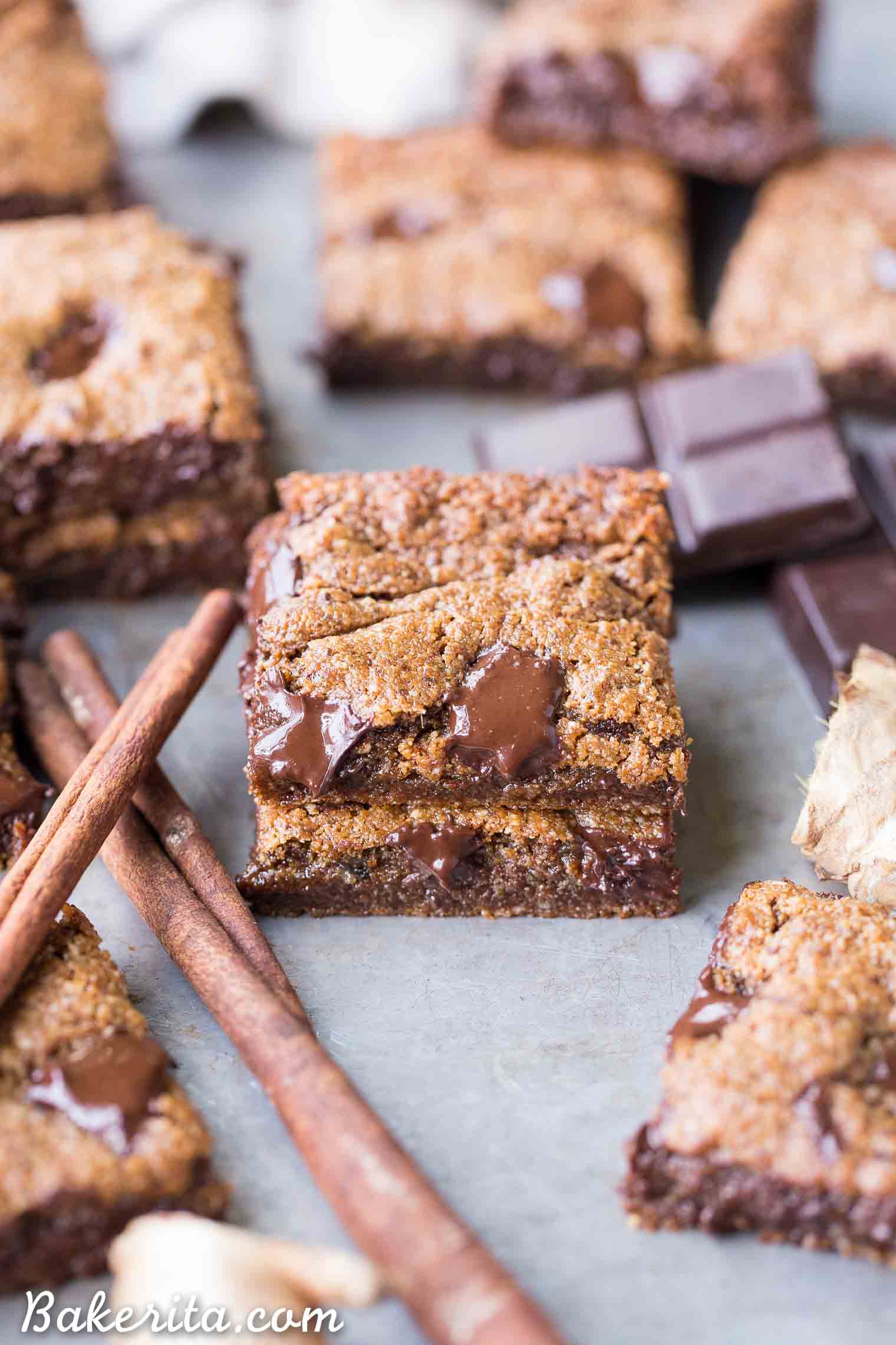 These Chocolate Chunk Gingerbread Blondies are chewy, chocolatey, and full of warm gingerbread spices. You can get the batter ready for these easy, gluten-free, paleo, and vegan blondies in about 10 minutes. They're perfect for the holidays, or any time of year when you're craving a gingerbread treat.