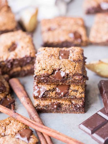 These Chocolate Chunk Gingerbread Blondies are chewy, chocolatey, and full of warm gingerbread spices. You can get the batter ready for these easy, gluten-free, paleo, and vegan blondies in about 10 minutes. They're perfect for the holidays, or any time of year when you're craving a gingerbread treat.