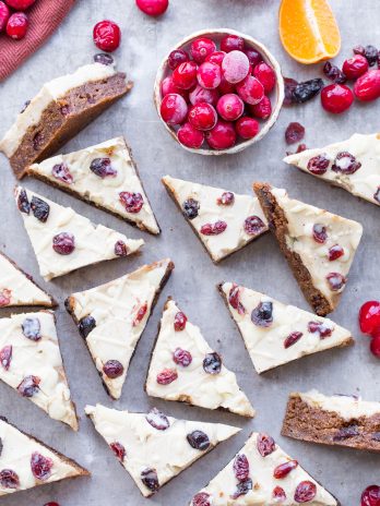 These Homemade Cranberry Bliss Bars are a homemade take on the Starbucks' holiday favorite! These cakey blondies are chewy and loaded with cranberry, orange, and white chocolate flavors. They're gluten free, paleo and vegan.