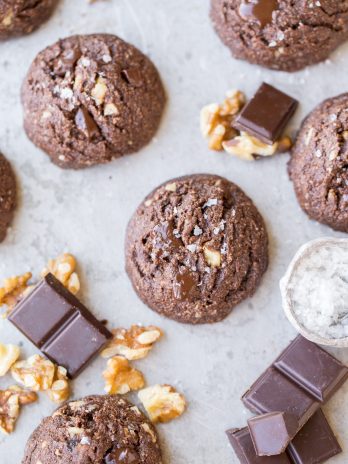 These Dark Chocolate Chunk Cookies are incredibly rich and dark, with melty chocolate chunks and toasted walnuts for crunch. These chewy, fudgy dark chocolate chip cookies are gluten-free, paleo, and vegan, and perfect for the chocolate lover in your life. 