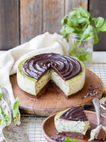 This No Bake Mint Chip Cheesecake is a healthier paleo and vegan cheesecake, made with a creamy cashew base. It has a nutty chocolate crust and a smooth and minty filling, with crunchy cacao nibs throughout and creamy dark chocolate ganache on top.