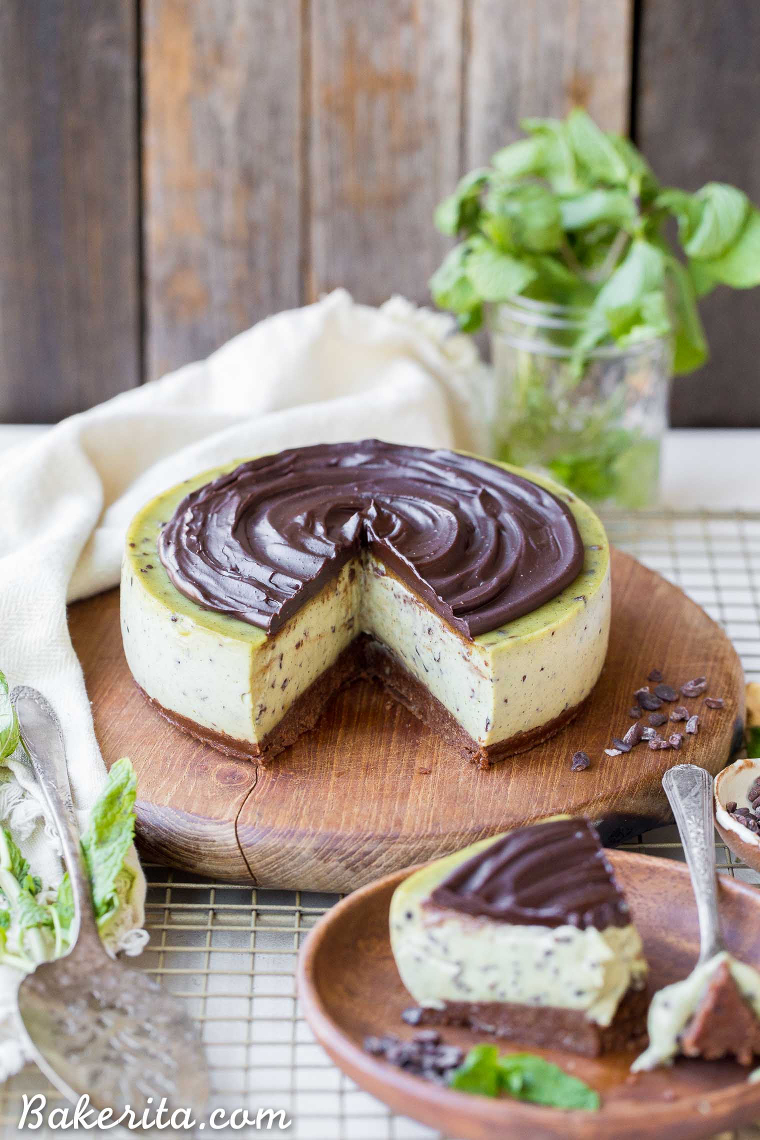 This No Bake Mint Chip Cheesecake is a healthier paleo and vegan cheesecake, made with a creamy cashew base. It has a nutty chocolate crust and a smooth and minty filling, with crunchy cacao nibs throughout and creamy dark chocolate ganache on top.