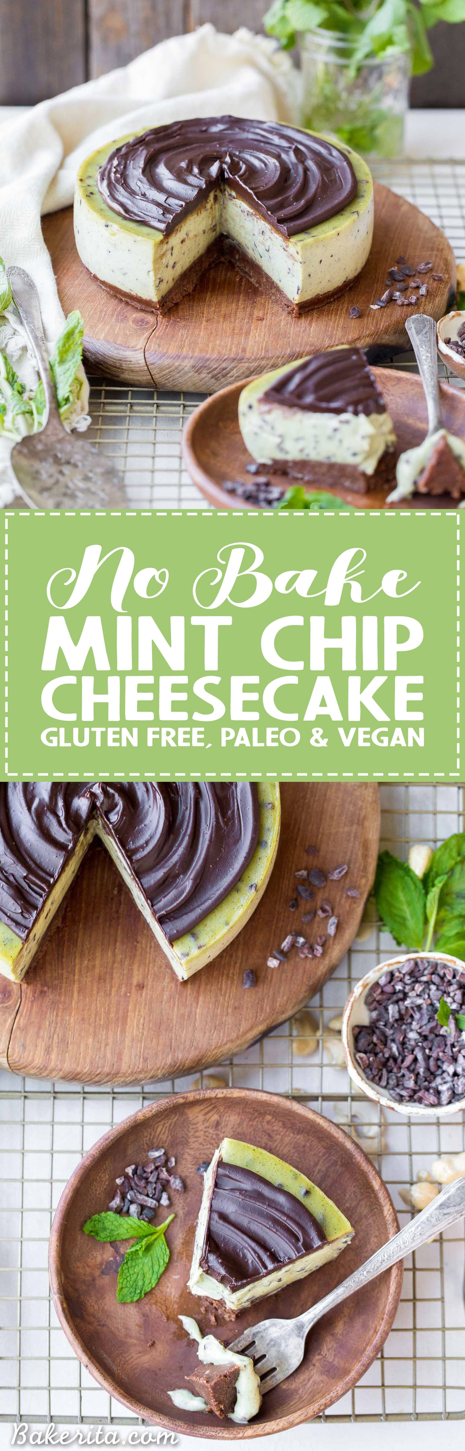 This No Bake Mint Chip Cheesecake is a healthier paleo and vegan cheesecake, made with a creamy cashew base. It has a nutty chocolate crust and a smooth and minty filling, with crunchy cacao nibs throughout and creamy dark chocolate ganache on top.
