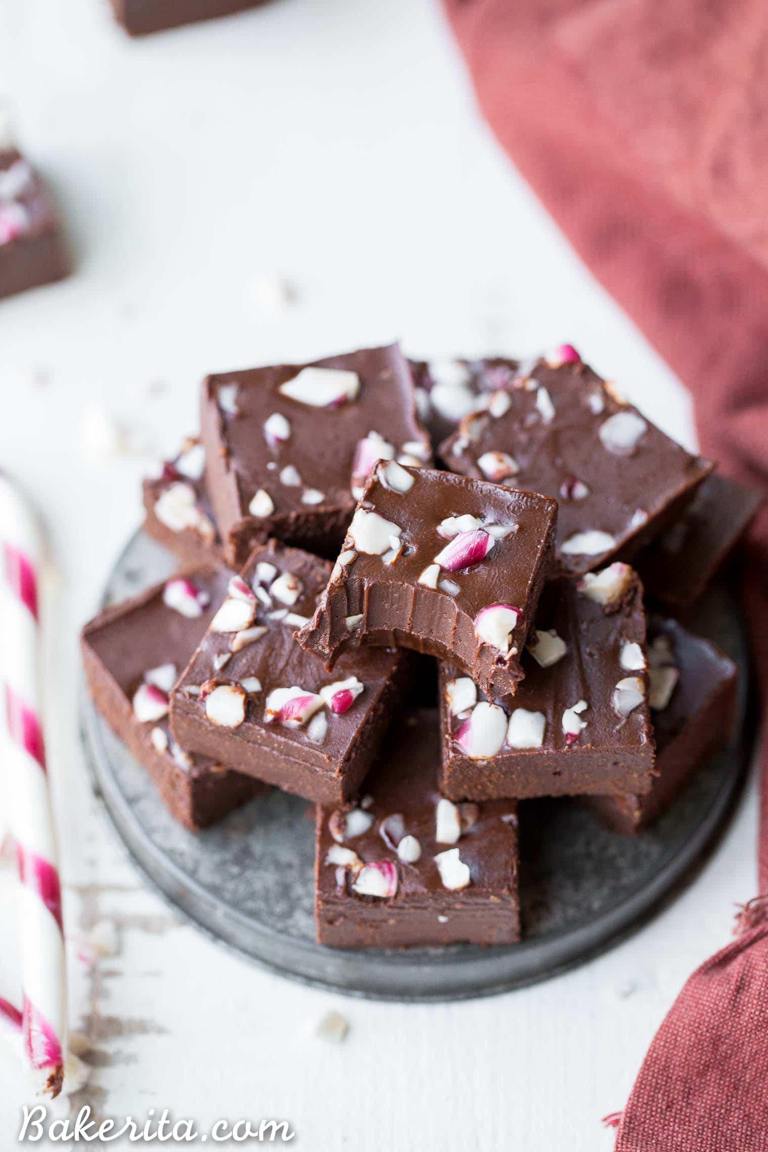 This Easy Chocolate Peppermint Fudge is the perfect, super simple holiday dessert. It's made in just five minutes with only five ingredients, and it's gluten-free, paleo, dairy-free, and vegan. This rich, super chocolatey fudge will melt in your mouth!